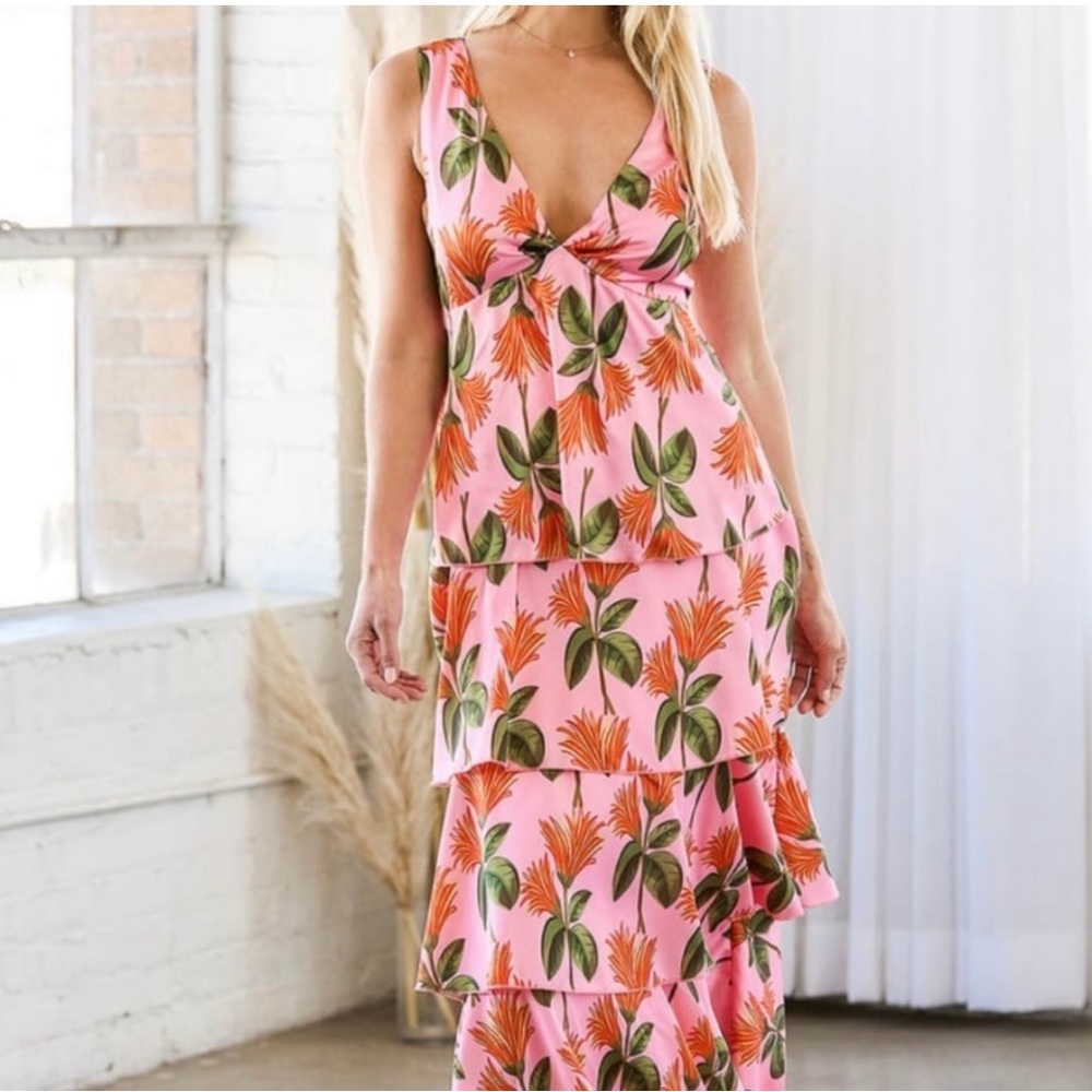 LULUS Party In Palm Springs Pink Floral Tiered Maxi Dress Satin Size Large